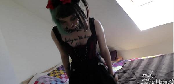  18yo andy teen super cute goth spinner huge dildo and blowjob